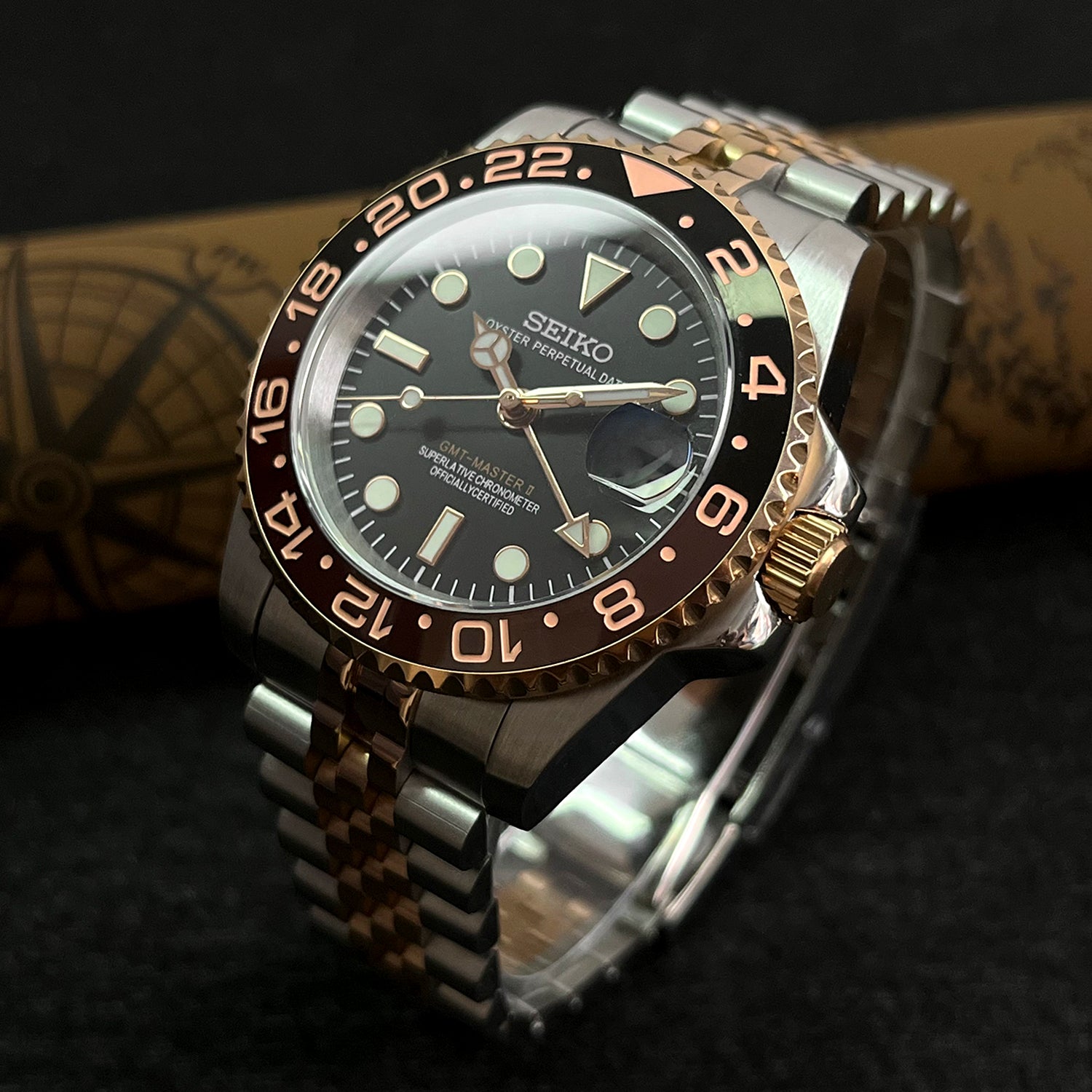 Custom MilSub Ceramic Vintage Beer Rose Gold GMT Mod