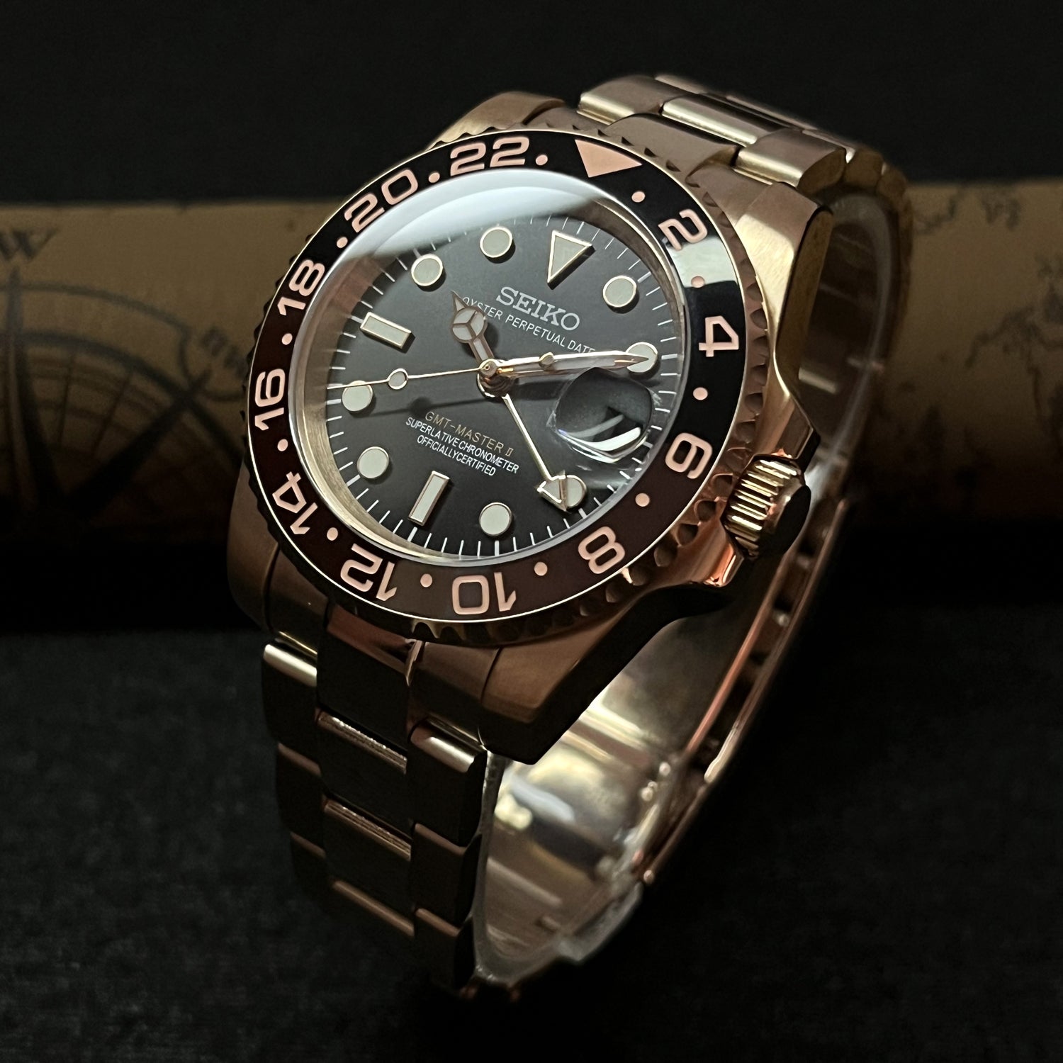 Custom MilSub Ceramic Vintage Beer Rose Gold GMT Mod