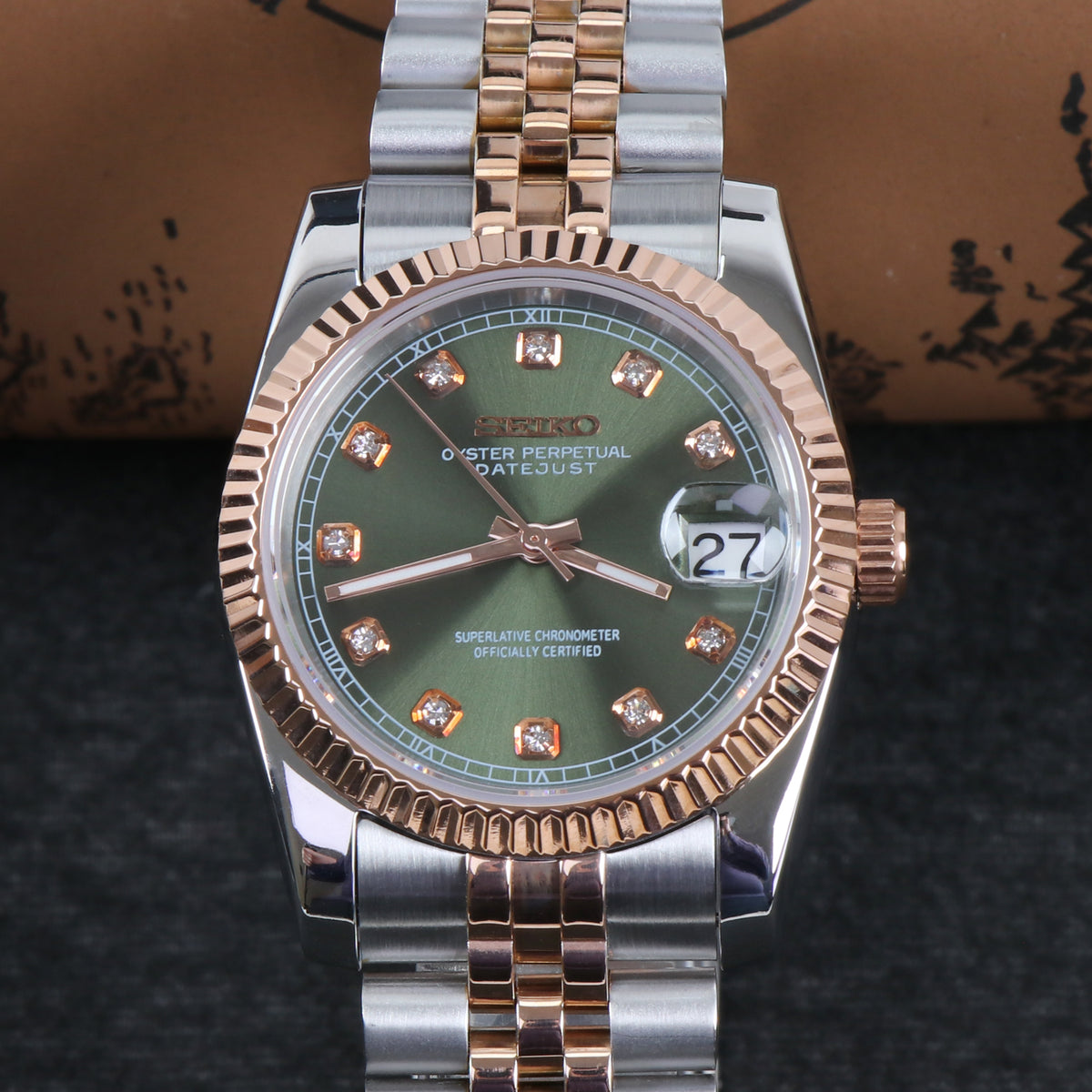 Custom Vintage Green Rosegold Steel Automatic Mod Watch