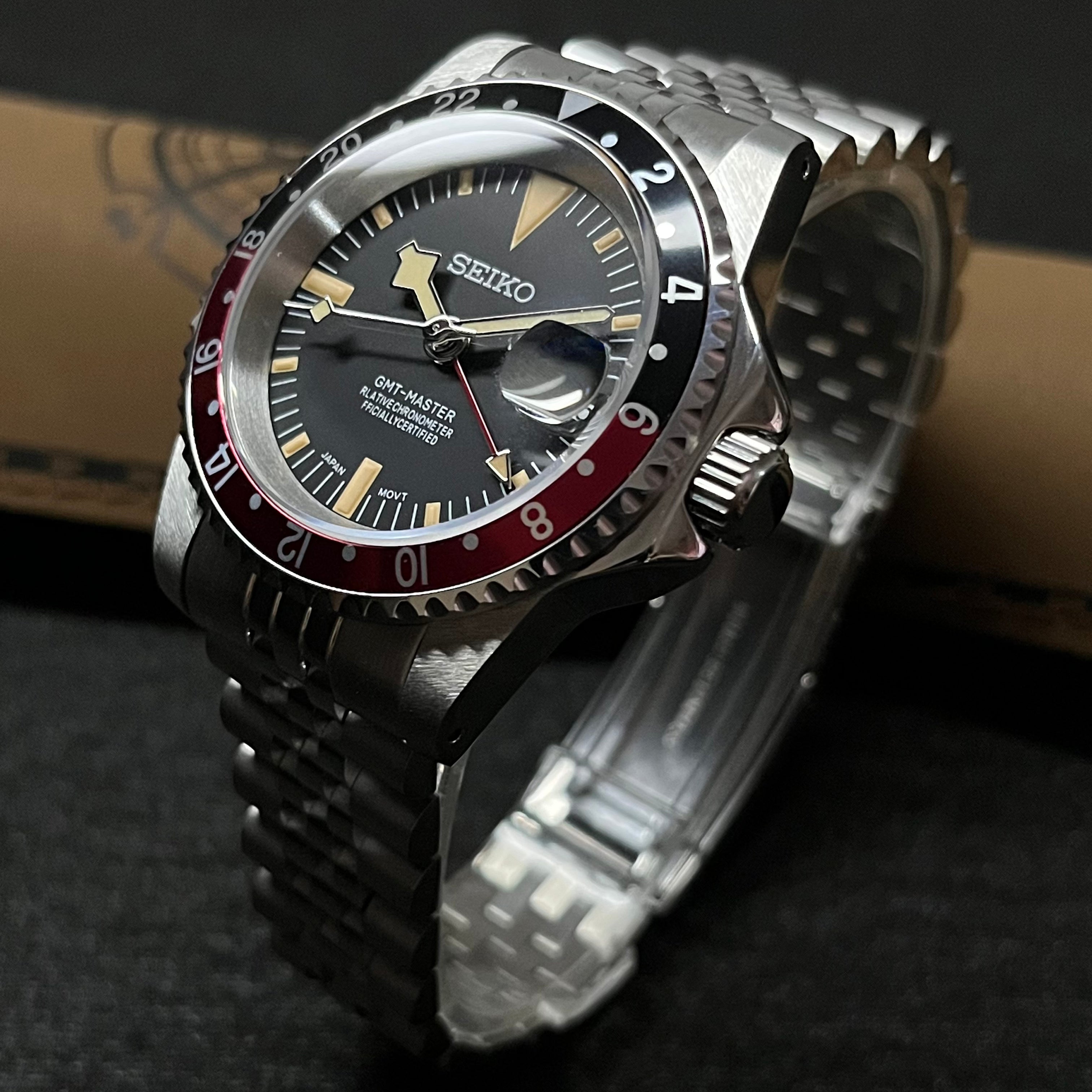 Custom Seiko MilSub Vintage Pepsi Tudo GMT Cyclops Mod