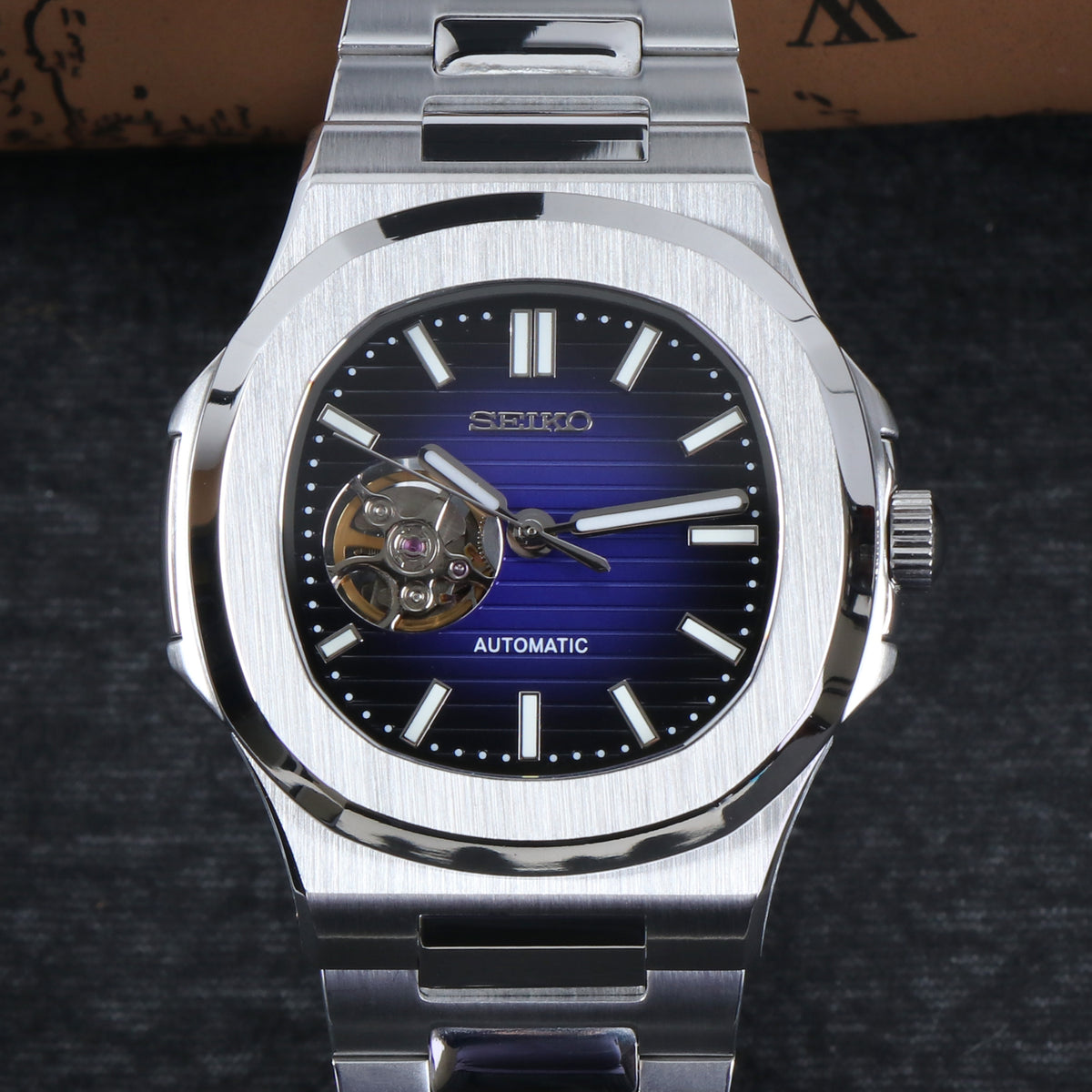 Custom Vintage Blue Open-Heart Automatic NH38 Mod Watch