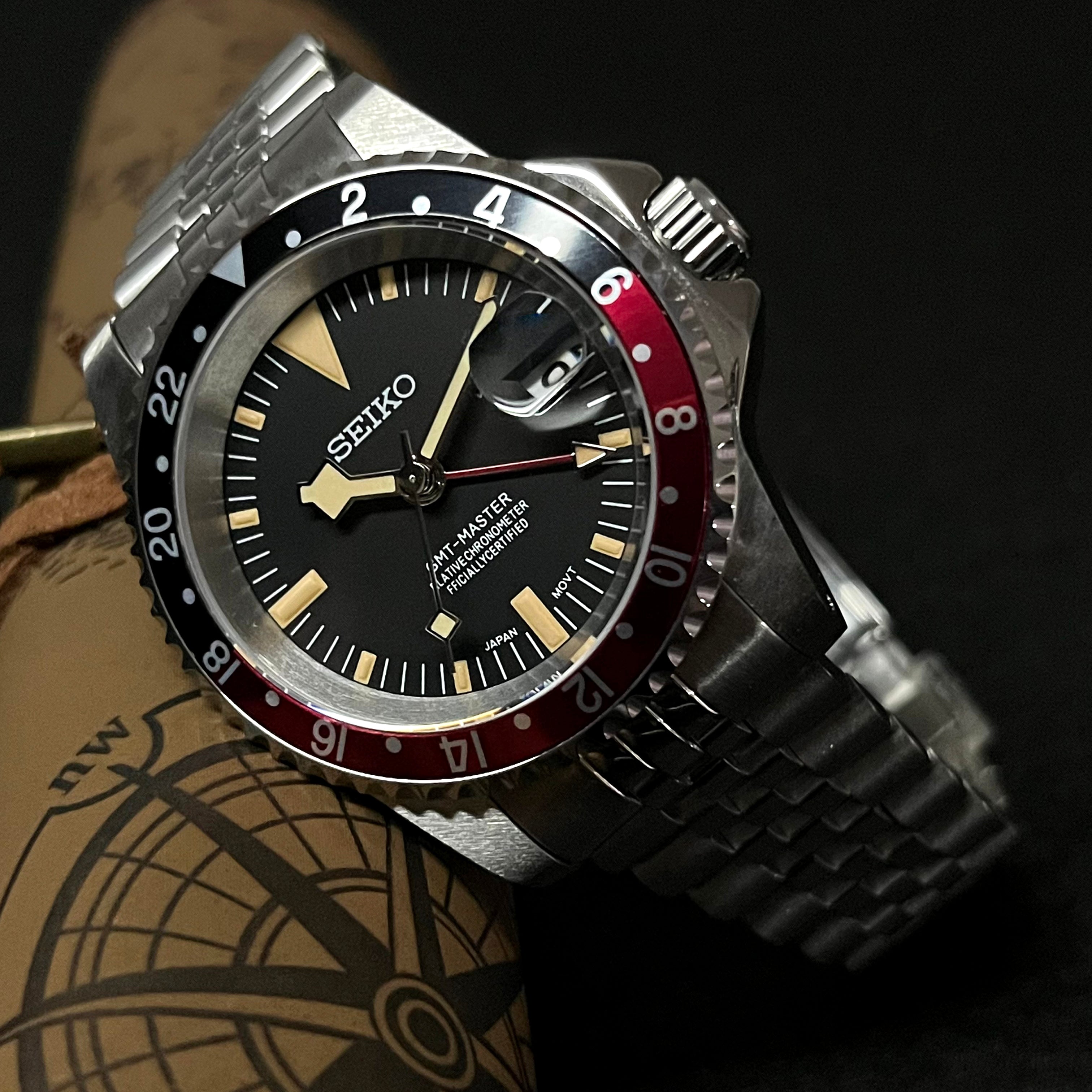 Custom Seiko MilSub Vintage Pepsi Tudo GMT Cyclops Mod