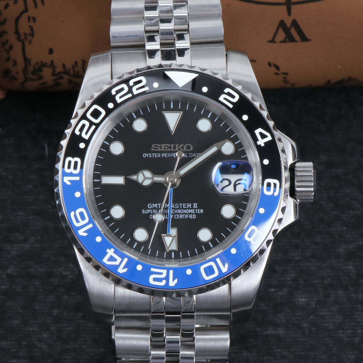 Custom Vintage GMT Black Blue Automatic Mod Watch