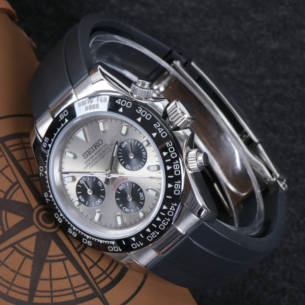 Close-up of a Seiko watch with a black strap on a dark background