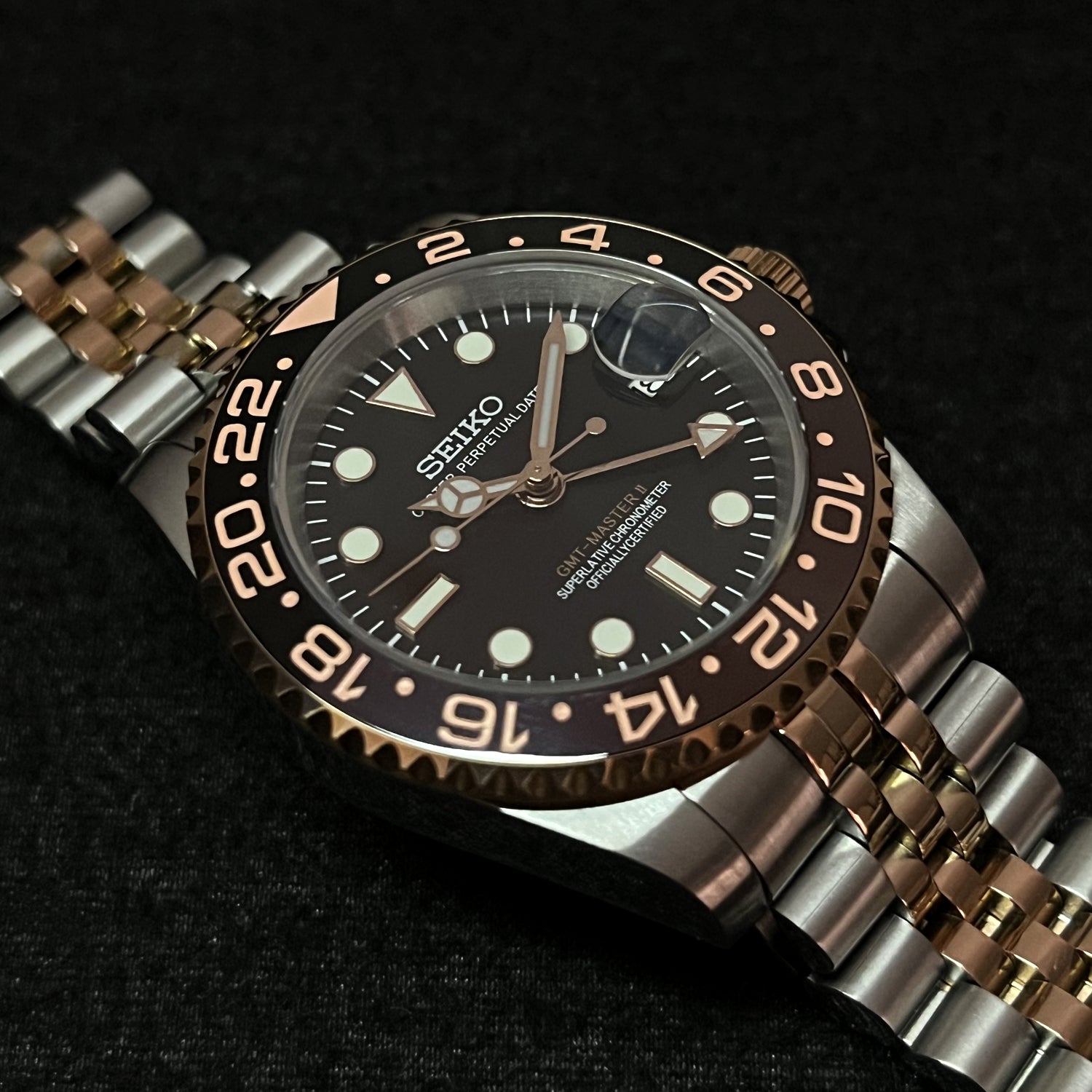 Custom MilSub Ceramic Vintage Beer Rose Gold GMT Mod