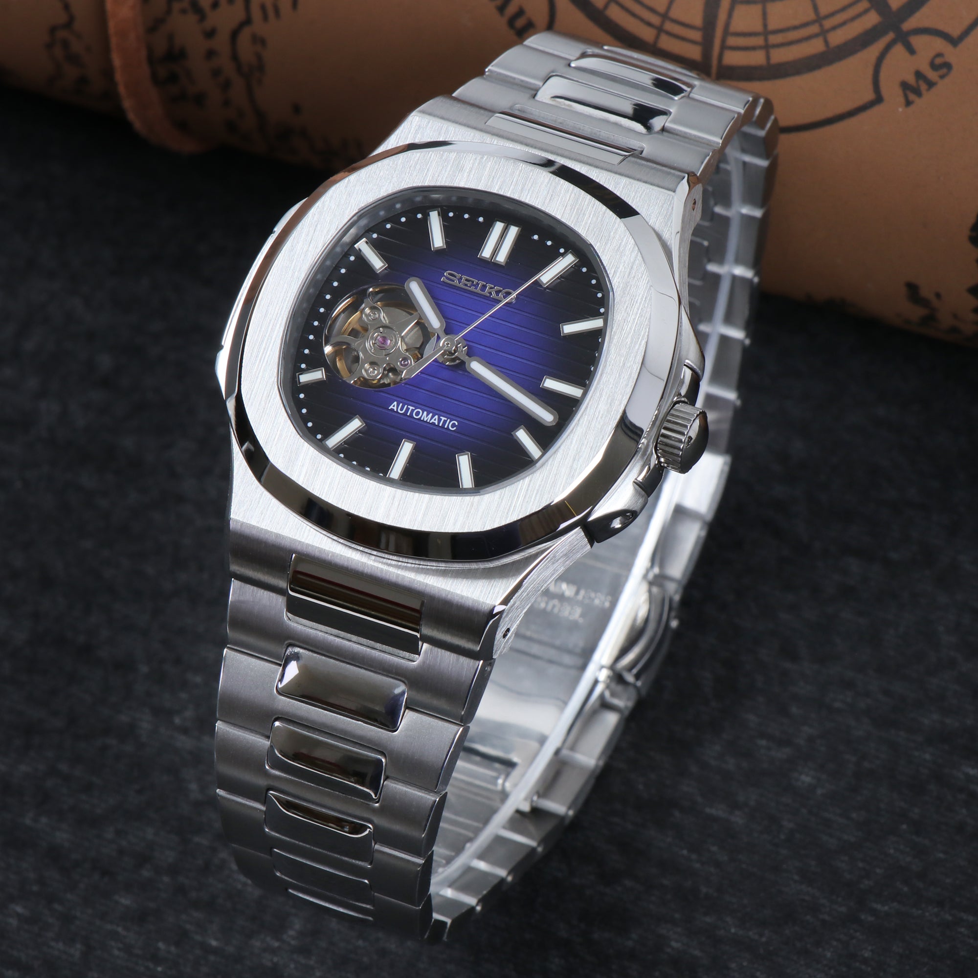 Custom Vintage Blue Open-Heart Automatic NH38 Mod Watch – ZJani Mods
