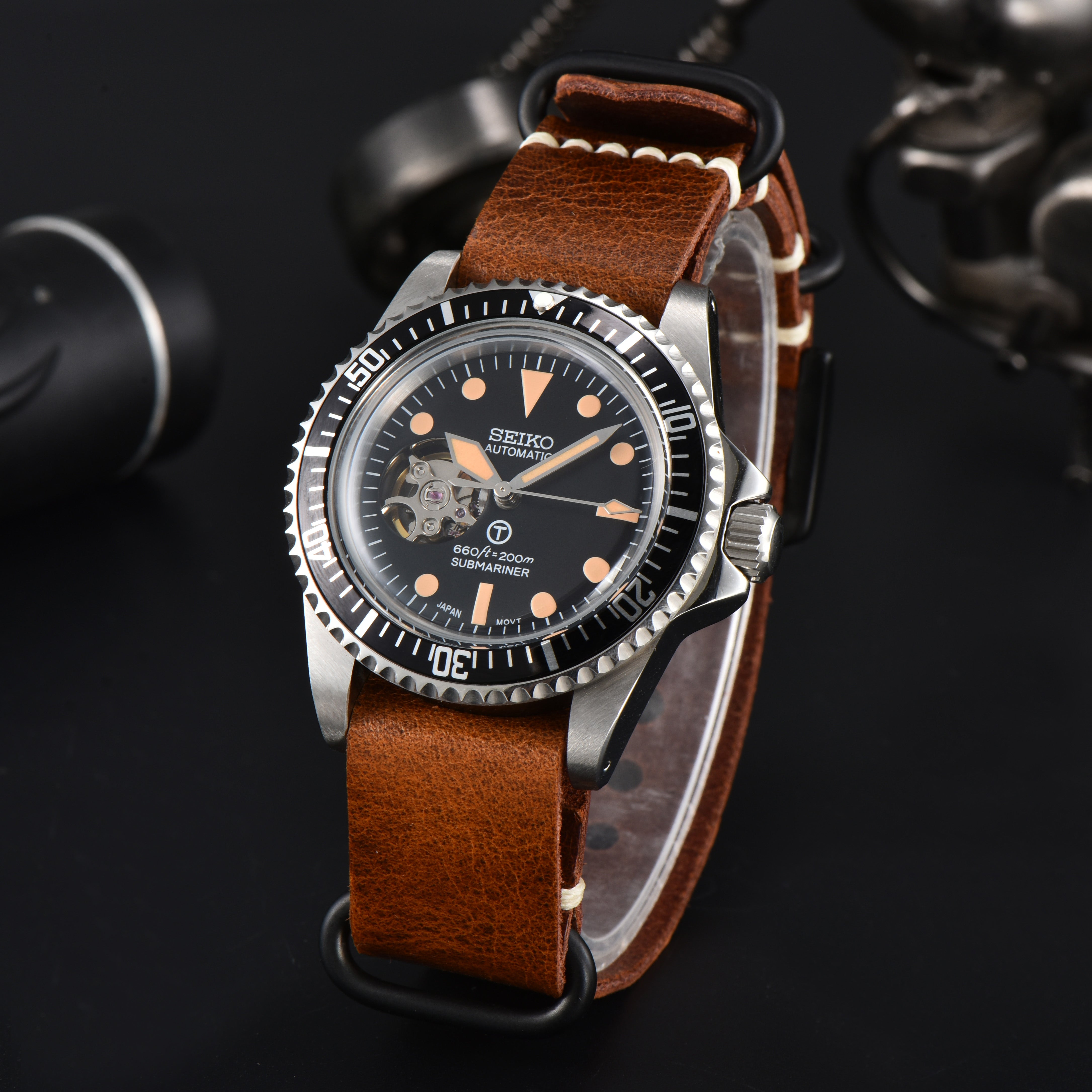 Custom Seiko Vintage Milsub Open Heart Nylon Brown Sword Hands Mod