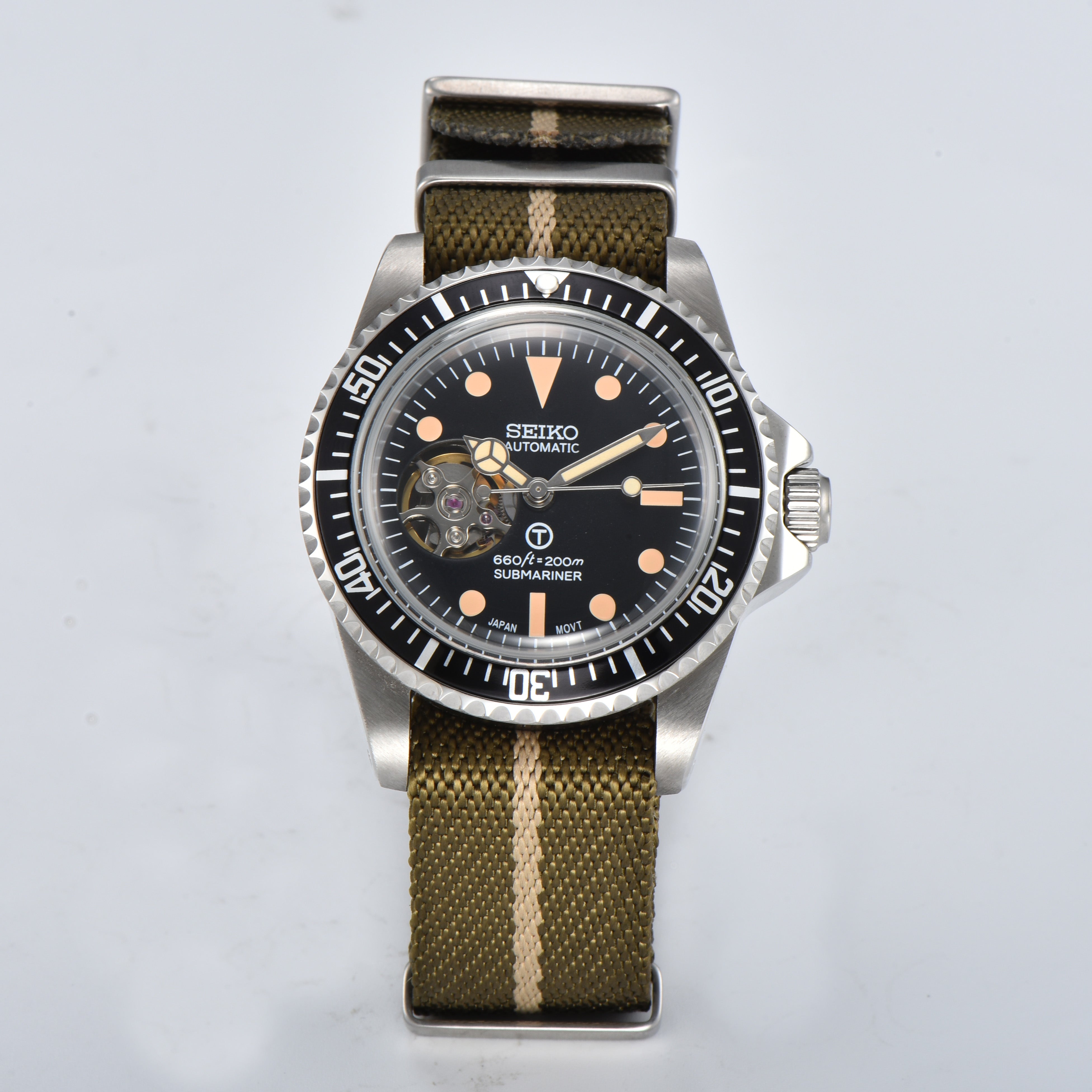 Custom Seiko Vintage Milsub Open Heart Nylon Green Mod