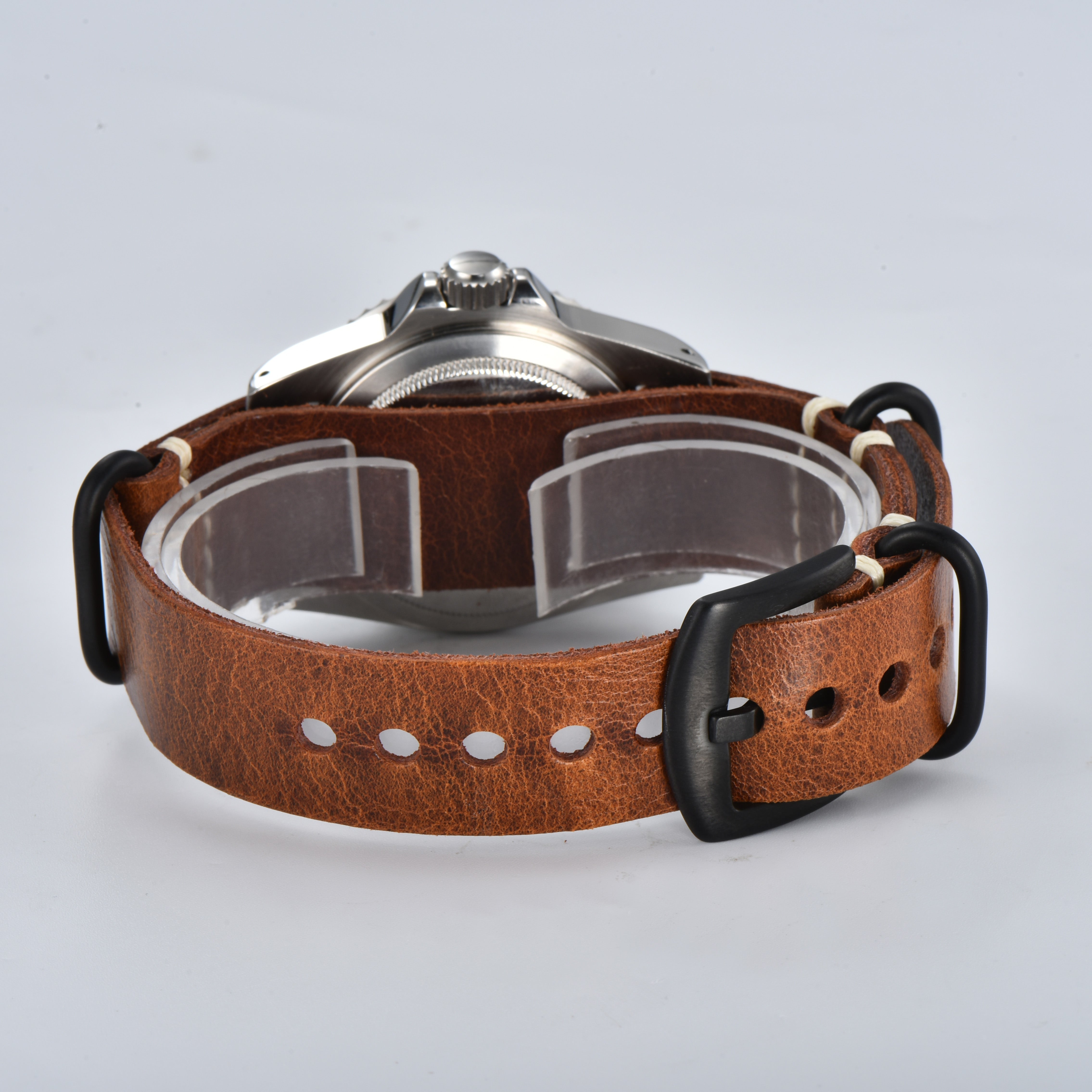 Custom Seiko Vintage Milsub Open Heart Nylon Brown Leather Mod