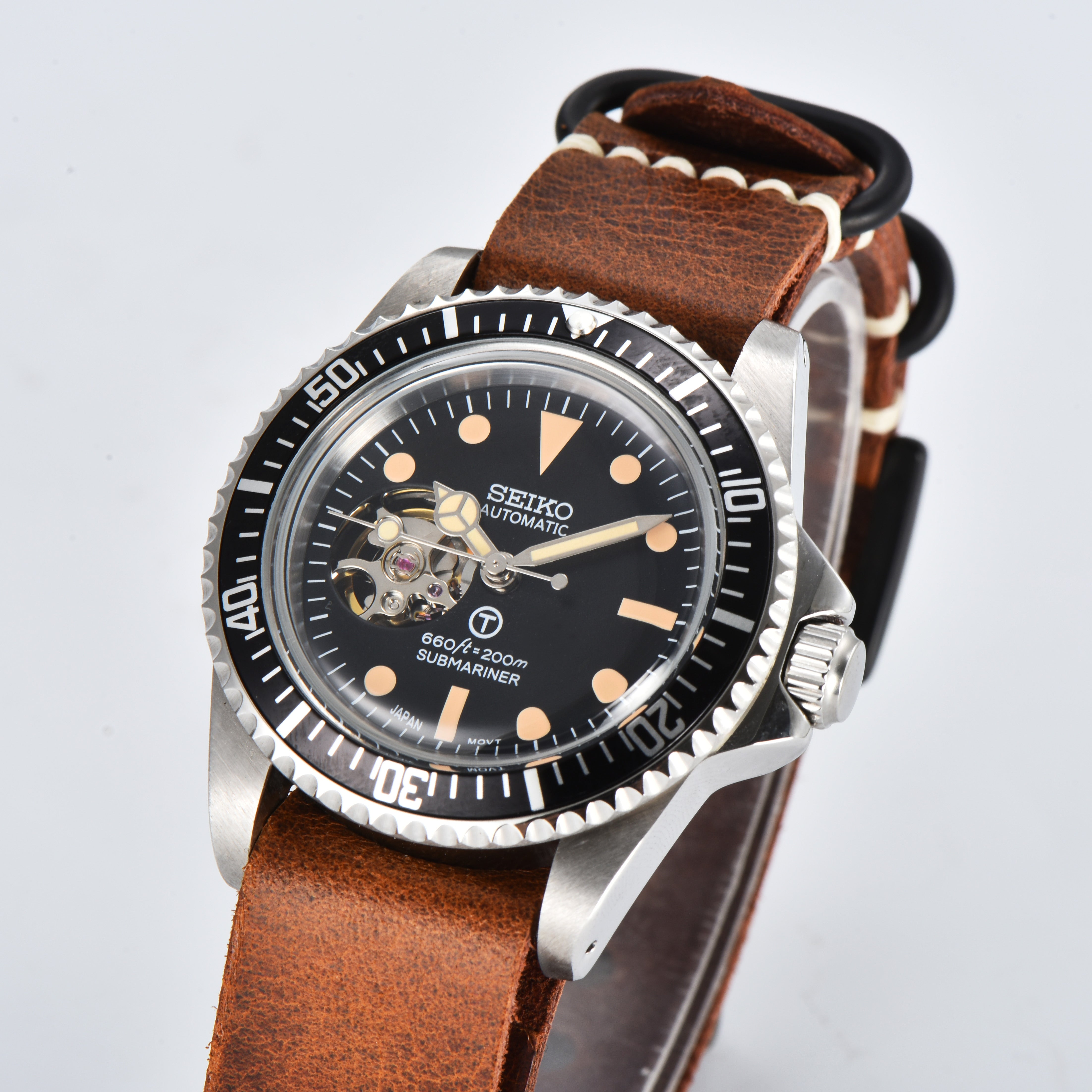 Custom Seiko Vintage Milsub Open Heart Nylon Brown Leather Mod