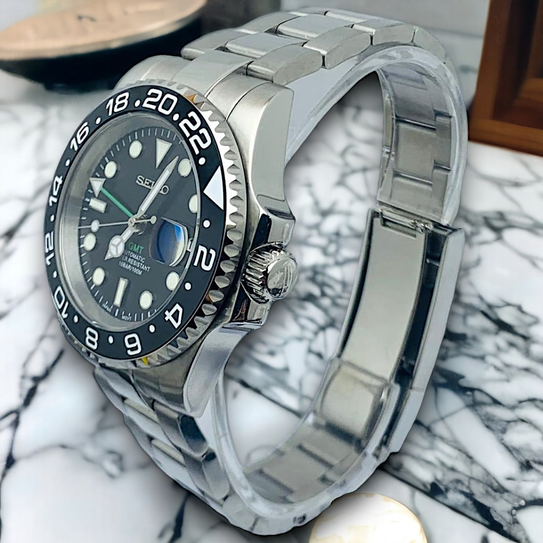 Custom Seiko MilSub Vintage Black Green GMT Date Mod